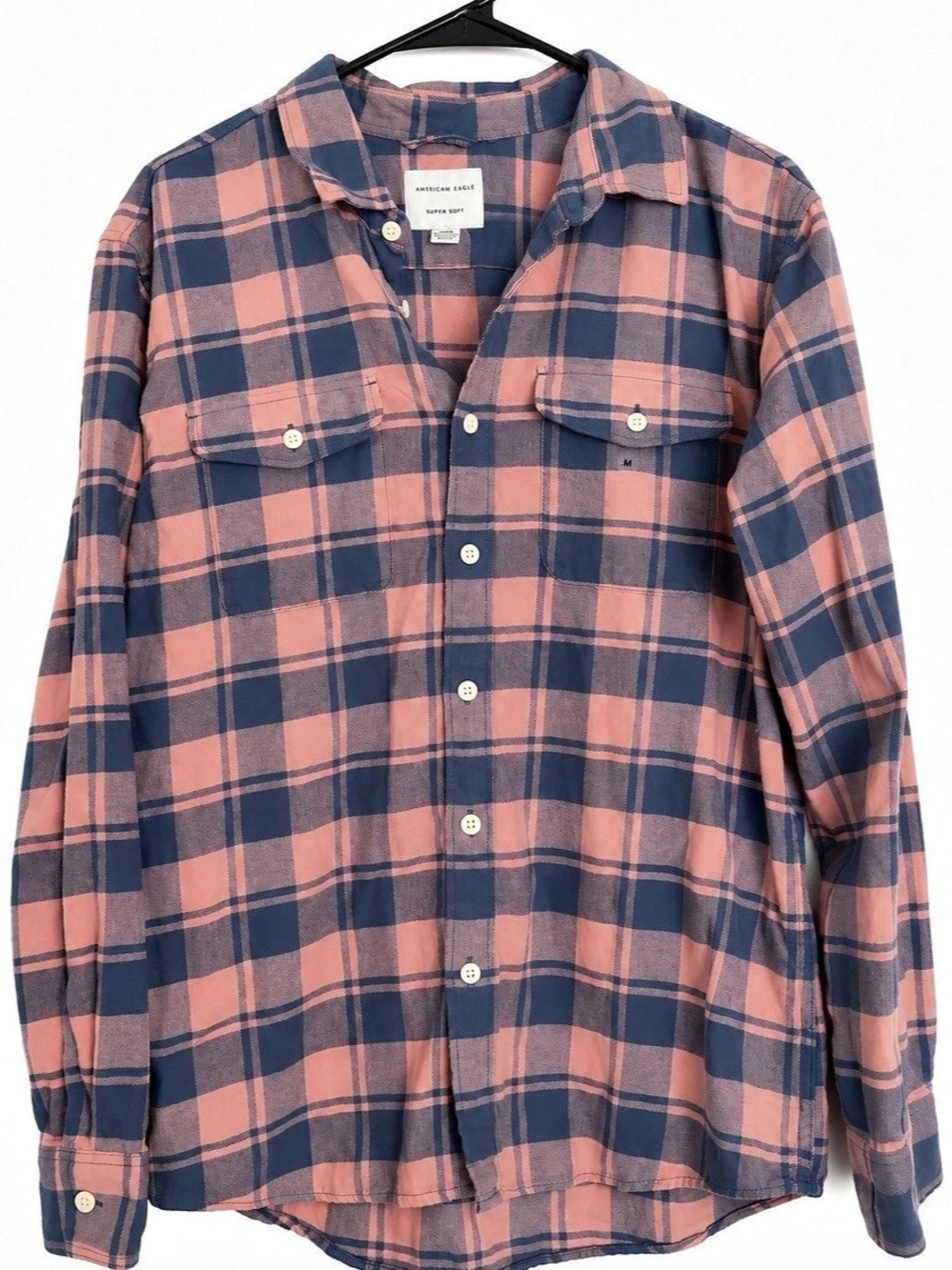 American Eagle Super Soft Plaid Flannel Button Down Shirt Pink & Blue Medium